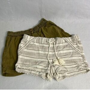 Boho Beach Rewind Women Large Olive Tan Striped Pom Pom Tassel Shorts Bundle 2pk